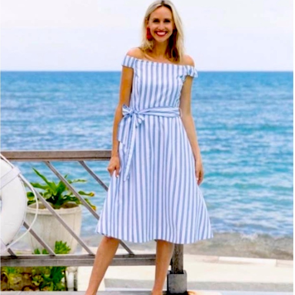 NEW Draper James Off the Shoulder Striped Midi Dress